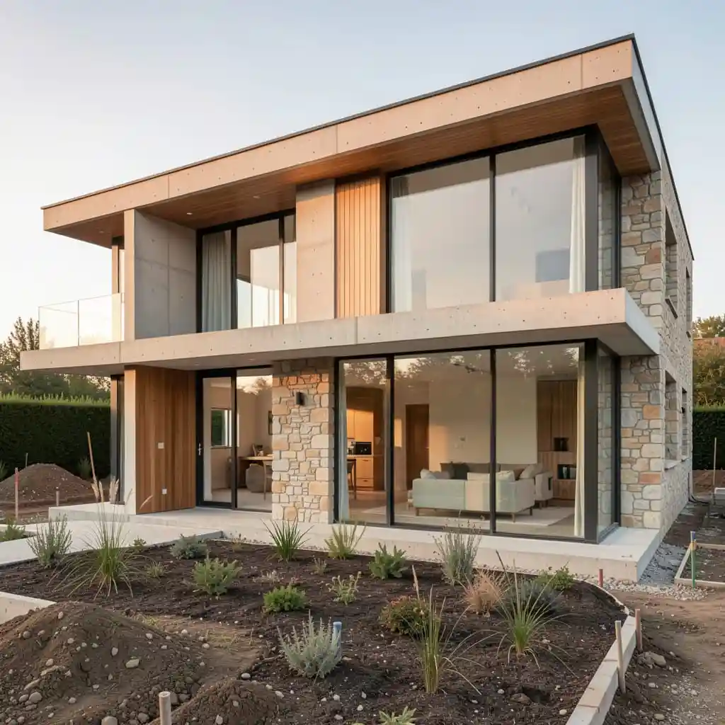 Projet de maison contemporaine en construction avec matériaux haut de gamme