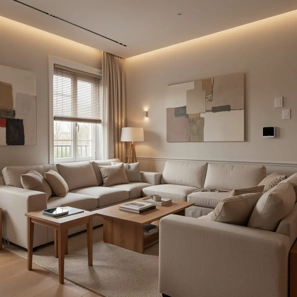 Intérieur contemporain équipé de solutions domotiques discrètes et élégantes