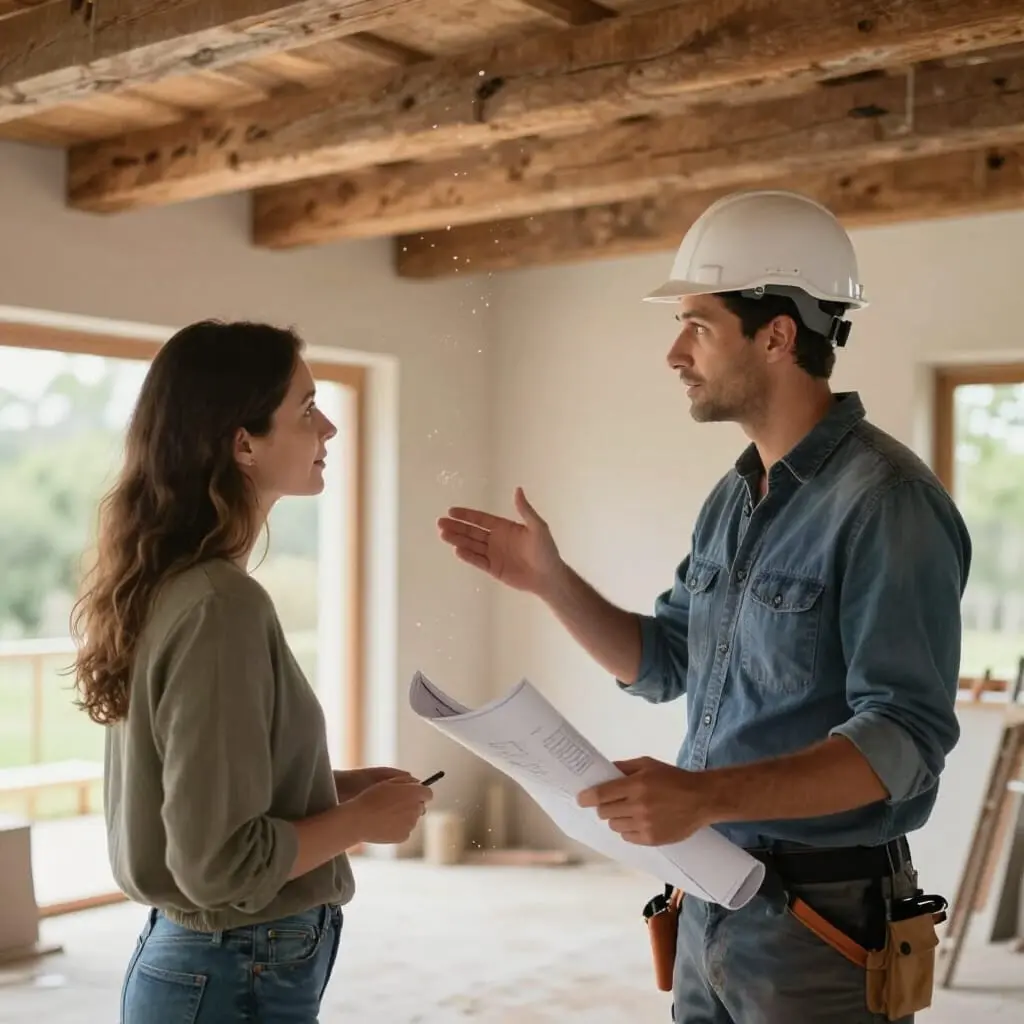 Propriétaire échangeant avec un artisan sur un projet de rénovation
