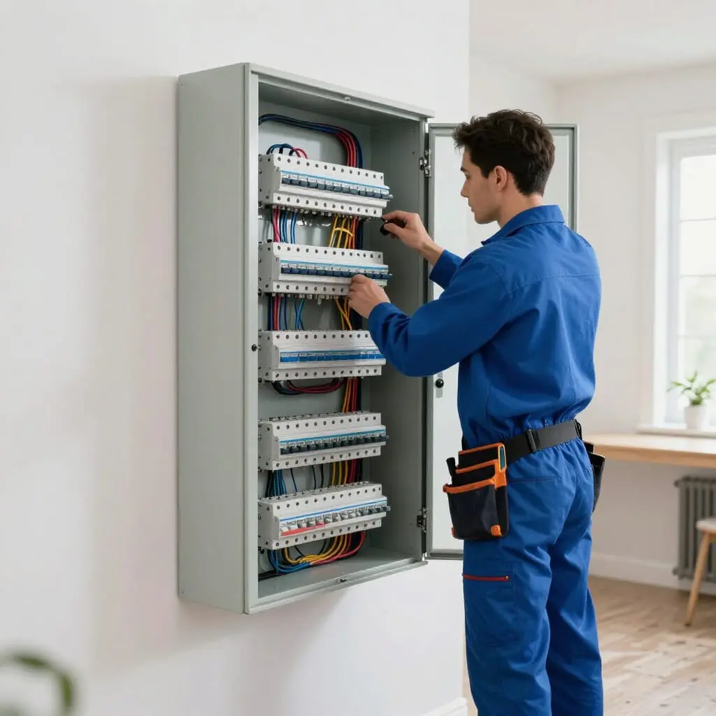 Électricien inspectant le tableau électrique d'une maison