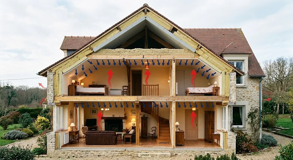 Maison avec toiture bien isolée, flèches thermiques montrant la chaleur retenue