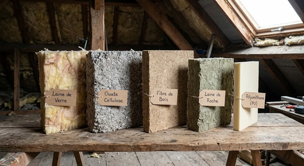 Échantillons d'isolants pour combles : laine de verre, ouate cellulose, fibre bois, polyuréthane